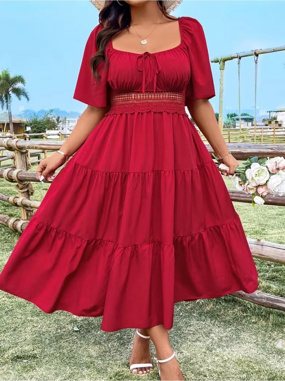 Red Tiered Midi Dress with Smocked Waist 3XL